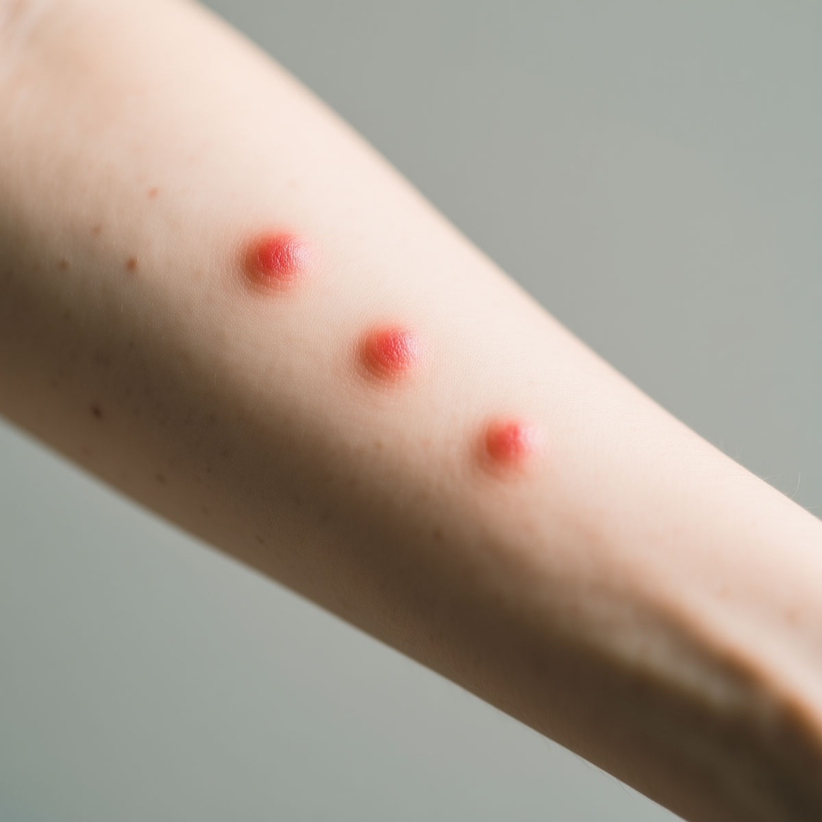 Clinical close-up of three small red raised bumps in a line on a forearm