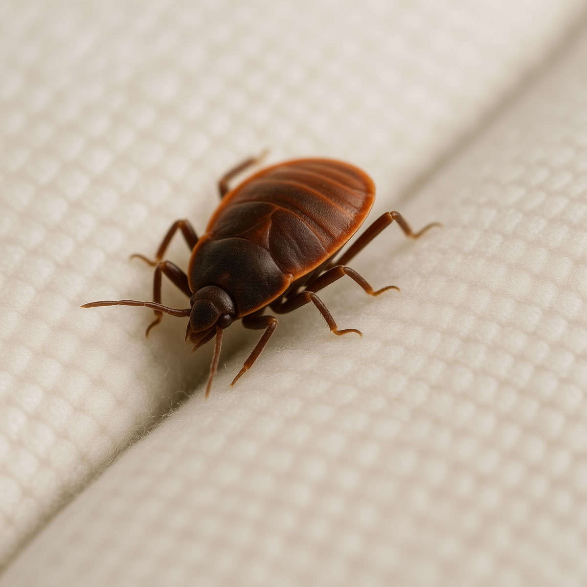 Close-up of a bed bug on a mattress seam near piping